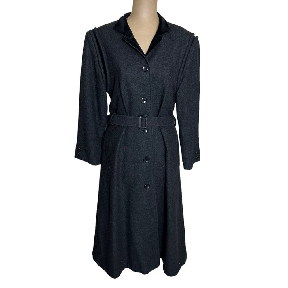 Valentino Vintage Overcoat 80s Gray Wool Blend Black Velvet Trim Rain Belted
